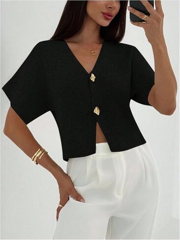 SOLY HUX Women's Short Sleeve Office 2025 Fall Winter Cardigan Sweater Button Down V Neck Slim Fit Knit Tops in Saudi Arabia