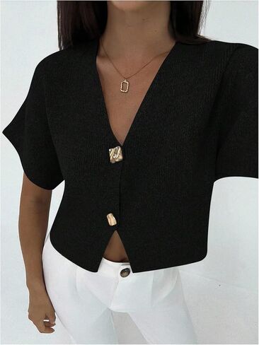 SOLY HUX Women's Short Sleeve Office 2025 Fall Winter Cardigan Sweater Button Down V Neck Slim Fit Knit Tops in Saudi Arabia