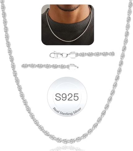 Avotto 925 Sterling Silver Solid 2.5mm 3mm 4mm Rope Chain Necklace for Men Boys, Sturdy Non-Fading Mens Boys Silver Chain Necklace Jewelry Christmas Gifts for Him 14/16/18/20/22/24 Inch in Kuwait