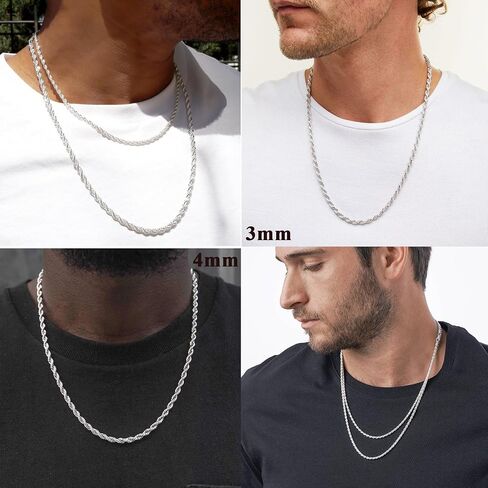 Avotto 925 Sterling Silver Solid 2.5mm 3mm 4mm Rope Chain Necklace for Men Boys, Sturdy Non-Fading Mens Boys Silver Chain Necklace Jewelry Christmas Gifts for Him 14/16/18/20/22/24 Inch in Kuwait