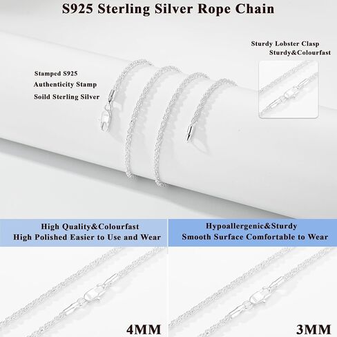Avotto 925 Sterling Silver Solid 2.5mm 3mm 4mm Rope Chain Necklace for Men Boys, Sturdy Non-Fading Mens Boys Silver Chain Necklace Jewelry Christmas Gifts for Him 14/16/18/20/22/24 Inch in Kuwait