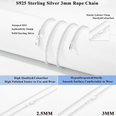 Avotto 925 Sterling Silver Solid 2.5mm 3mm 4mm Rope Chain Necklace for Men Boys, Sturdy Non-Fading Mens Boys Silver Chain Necklace Jewelry Christmas Gifts for Him 14/16/18/20/22/24 Inch in Kuwait
