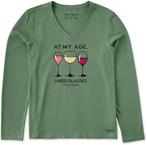 Life is Good. Women's I Need Wine Glasses Long Sleeve Crusher Vee, Granite Green in Saudi Arabia