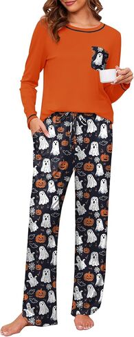 Cotton Pajamas for Women Set 2 Piece Lounge Sets Print Long Sleeve Pj Set Winter Loungewear Sleepwear with Pockets in Saudi Arabia