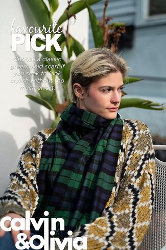 CALVIN & OLIVIA Ultra-Soft Winter Cashmere Feel Scarf Plaid Multi-Color Warm Long Unisex Winter Scarves Perfect Holiday Gift for Women Men Dark Green Beige Tartan in Saudi Arabia