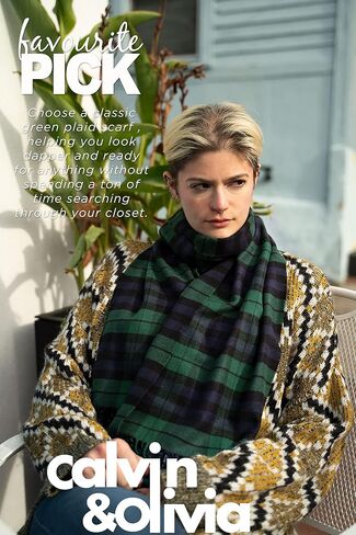 CALVIN & OLIVIA Ultra-Soft Winter Cashmere Feel Scarf Plaid Multi-Color Warm Long Unisex Winter Scarves Perfect Holiday Gift for Women Men Dark Green Beige Tartan in Saudi Arabia