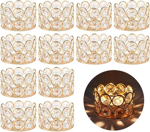 12 Pack Gold Metal Crystal Tea Light Candle Holders - 2.4"x1.6" Bulk Small Votive Candle Holders for Wedding, Home, Party Table Centerpiece Decorations in Saudi Arabia