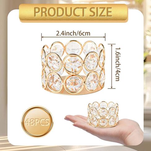 12 Pack Gold Metal Crystal Tea Light Candle Holders - 2.4"x1.6" Bulk Small Votive Candle Holders for Wedding, Home, Party Table Centerpiece Decorations in Saudi Arabia