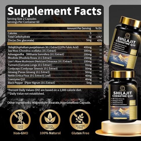 كبسولات شيلاجيت مع طحالب البحر والأشواغاندا للرجال والنساء، 12 في 1 مكملات شيلاجيت الهيمالايا مع الإنزيم المساعد Q10، وحمض الفولفيك وحمض الهيوميك، وعرف الأسد، ودعم الطاقة والمناعة، 120 قطعة in Kuwait
