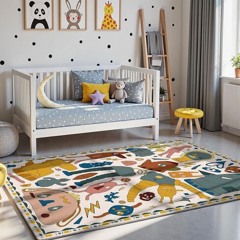 سجادة أطفال Nayoroom ذات طابع الفضاء الديناصورات المرصعة بالنجوم مقاس 5 × 7 - سجادة لعب ناعمة لغرفة نوم الأطفال الصغار وغرفة اللعب - ديكور حيوانات محشو على شكل كوكب ديناصور غريب الأطوار. in Kuwait