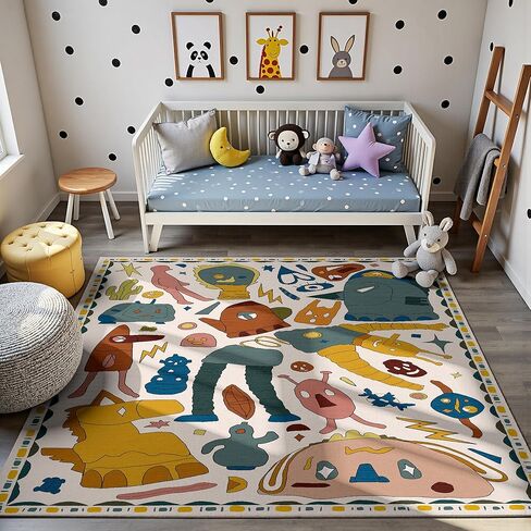 سجادة أطفال Nayoroom ذات طابع الفضاء الديناصورات المرصعة بالنجوم مقاس 5 × 7 - سجادة لعب ناعمة لغرفة نوم الأطفال الصغار وغرفة اللعب - ديكور حيوانات محشو على شكل كوكب ديناصور غريب الأطوار. in Kuwait