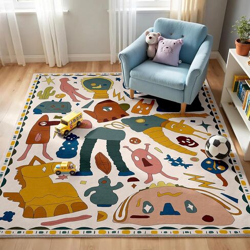 سجادة أطفال Nayoroom ذات طابع الفضاء الديناصورات المرصعة بالنجوم مقاس 5 × 7 - سجادة لعب ناعمة لغرفة نوم الأطفال الصغار وغرفة اللعب - ديكور حيوانات محشو على شكل كوكب ديناصور غريب الأطوار. in Kuwait