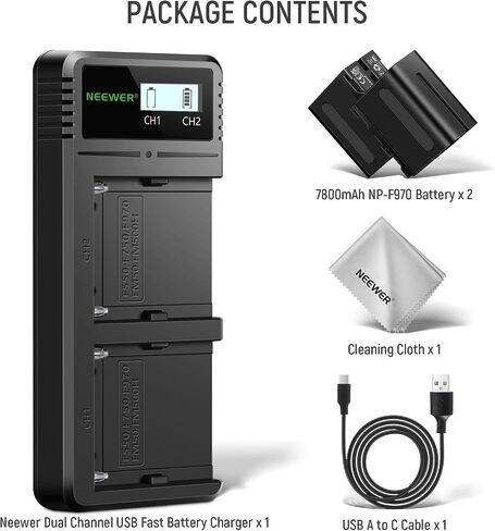 NEEWER NP-F970 قطعتان من البطاريات البديلة 7800 مللي أمبير في الساعة مع شاحن LCD سريع مزدوج USB، متوافق مع Sony NP-F970 F960 F950 F770 F750 F570 F550، كاميرا يدوية، ضوء LED NEEWER، شاشة، منزلق بمحرك in Kuwait