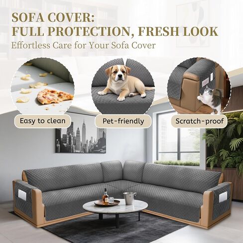 Sectional Couch Covers for Dogs 100% Waterproof Corner L Shaped Sofa Cover Pet Friendly Velvet Washable Anti Slip L Shape Modular Sofa Slipcover Protector with Pockets (Dark Gray, XX-Large) in Saudi Arabia