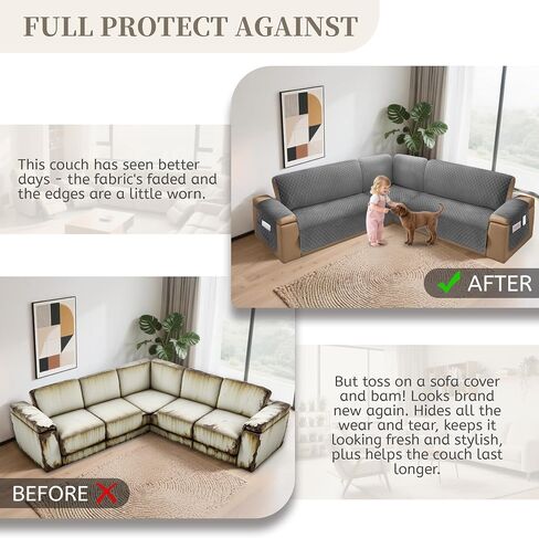 Sectional Couch Covers for Dogs 100% Waterproof Corner L Shaped Sofa Cover Pet Friendly Velvet Washable Anti Slip L Shape Modular Sofa Slipcover Protector with Pockets (Dark Gray, XX-Large) in Saudi Arabia