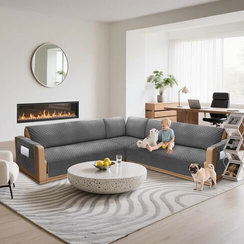 Sectional Couch Covers for Dogs 100% Waterproof Corner L Shaped Sofa Cover Pet Friendly Velvet Washable Anti Slip L Shape Modular Sofa Slipcover Protector with Pockets (Dark Gray, XX-Large) in Saudi Arabia