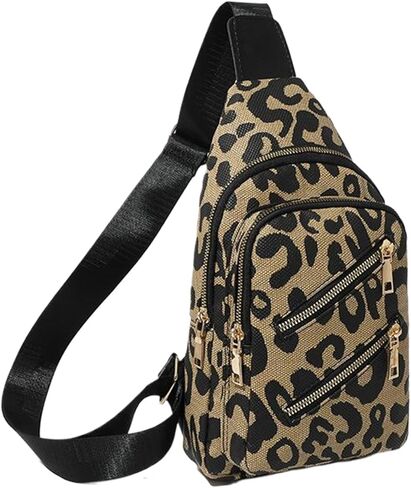 Leopard Sling Bag for Men & Women, Crossbody Bag Inner Pockets, Leather Sling Backpack, Waterproof Essential Travel Purse, Cheetah Gifts for Gym Work Hiking Walking Shopping (Light brown strap) in Kuwait