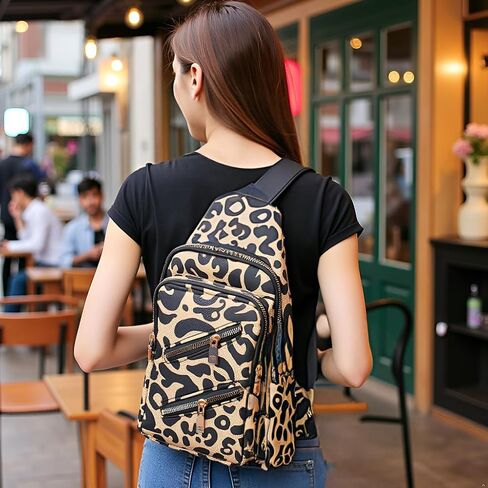Leopard Sling Bag for Men & Women, Crossbody Bag Inner Pockets, Leather Sling Backpack, Waterproof Essential Travel Purse, Cheetah Gifts for Gym Work Hiking Walking Shopping (Light brown strap) in Kuwait