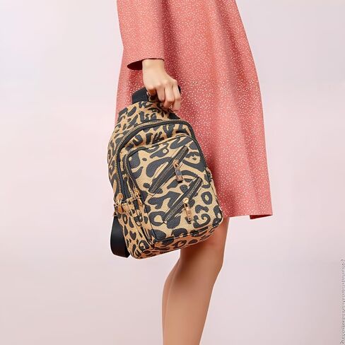 Leopard Sling Bag for Men & Women, Crossbody Bag Inner Pockets, Leather Sling Backpack, Waterproof Essential Travel Purse, Cheetah Gifts for Gym Work Hiking Walking Shopping (Light brown strap) in Kuwait