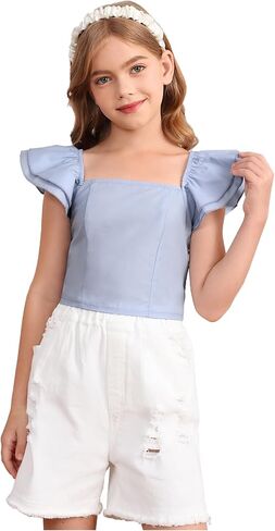 OYOANGLE Girl's Square Neck Ruffle Sleeve Crop Blouse Smocked Solid Slim Fit Tee Top in Saudi Arabia