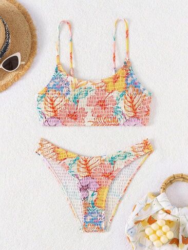 Fanuerg Women's Shirred Bikini Sets Scoop Neck Cheeky Two Piece Swimsuit Floral Print Bathing Suit in Saudi Arabia