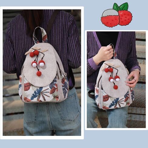 Cute personality women's backpack, ladies' canvas shoulder bag, hand-made original lychee art personality ultra-light multi-compartment small in Saudi Arabia