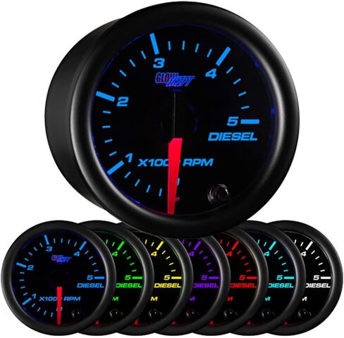 مقياس سرعة الدوران GlowShift Black 7 ألوان 5,000 دورة في الدقيقة - لمحركات الديزل 4، 6، 8 أسطوانات - قرص أسود - عدسة شفافة - 2-1/16 بوصة 52 مم in Saudi Arabia