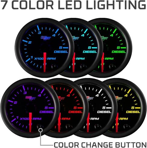 مقياس سرعة الدوران GlowShift Black 7 ألوان 5,000 دورة في الدقيقة - لمحركات الديزل 4، 6، 8 أسطوانات - قرص أسود - عدسة شفافة - 2-1/16 بوصة 52 مم in Saudi Arabia