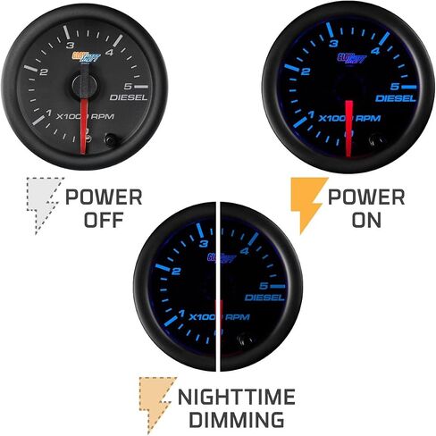 مقياس سرعة الدوران GlowShift Black 7 ألوان 5,000 دورة في الدقيقة - لمحركات الديزل 4، 6، 8 أسطوانات - قرص أسود - عدسة شفافة - 2-1/16 بوصة 52 مم in Saudi Arabia