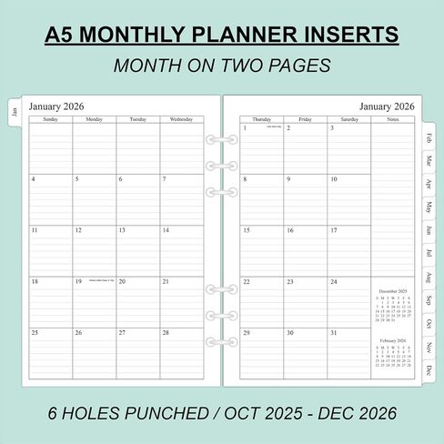 newestor 2024-2025 إعادة تعبئة المخطط الشهري لملف A5، صفحتين في الشهر، 18 شهرًا من يوليو 2024 - ديسمبر 2025، 5.6 بوصة × 8.25 بوصة، 6 فتحات مثقوبة in Kuwait