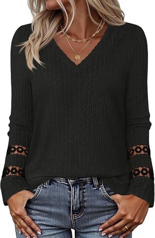 MEROKEETY Women's 2025 Fall Long Sleeve Tops Trendy Casual V Neck Ribbed Lightweight Sweaters T Shirts Blouses in Kuwait