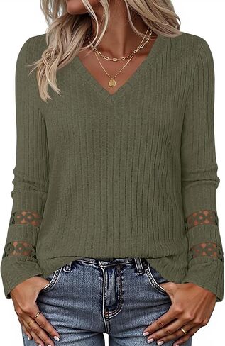 MEROKEETY Women's 2025 Fall Long Sleeve Tops Trendy Casual V Neck Ribbed Lightweight Sweaters T Shirts Blouses in Kuwait