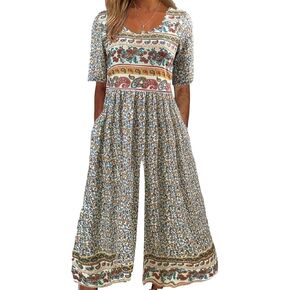 جمبسوت نسائي أنيق كاجوال بوهو مزين بالزهور وأكمام قصيرة ورقبة على شكل حرف V وساق واسعة وفضفاضة من قطعة واحدة in Kuwait