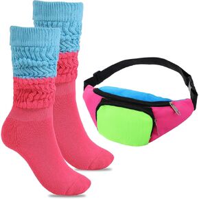 مجموعة فاني نيون راف فاني من الثمانينيات مع جوارب كومة ملونة، وحزم خصر بحزام ريترو للنساء والرجال، وإكسسوارات الثمانينيات بالإضافة إلى حقيبة حزام بحجم كبير للسفر والحفلات التنكرية والعطلات والحفلات in Kuwait