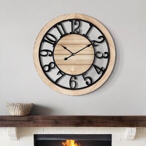 LEIKE 20 Inch Large Wall Clock - Rustic Wooden Silent Non-Ticking Wall Clock with Black Metal Frame, Vintage Farmhouse Decorative for Living Room, Bedroom, Kitchen - Arabic Numerals, Modern Design in Kuwait