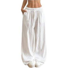 بنطلون نسائي خفيف الوزن برباط للخصر من Palazzo يغطي ملابس الشارع، بنطال كاجوال واسع الساق مع جيوب in Kuwait