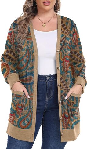 OLRIK Plus Size Sweater for Women Long Sleeve Buttons Down Cardigans Casual Jacket Coat with Pockets in Kuwait