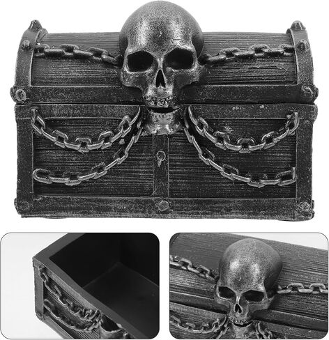 LOGOFUN Skull Treasure Chest Resin Jewelry Storage Box Halloween Desktop Organizer for Trinkets Keepsakes Decoration - Silver Black 12x7x8.5cm in Saudi Arabia