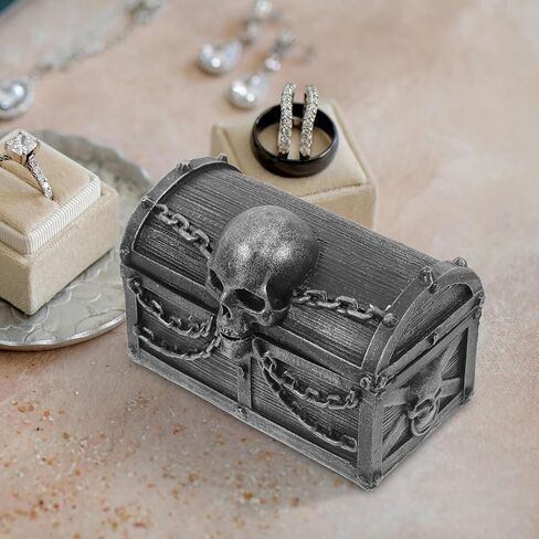 LOGOFUN Skull Treasure Chest Resin Jewelry Storage Box Halloween Desktop Organizer for Trinkets Keepsakes Decoration - Silver Black 12x7x8.5cm in Saudi Arabia