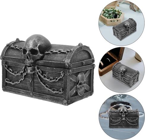LOGOFUN Skull Treasure Chest Resin Jewelry Storage Box Halloween Desktop Organizer for Trinkets Keepsakes Decoration - Silver Black 12x7x8.5cm in Saudi Arabia