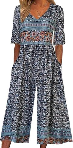Womens Jumpsuits Dressy Casual Boho Floral Short Sleeve Jumpsuit V Neck Wide Leg Loose Flowy One Piece Bodysuit in Kuwait
