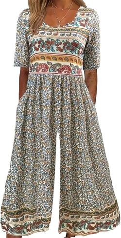 Womens Jumpsuits Dressy Casual Boho Floral Short Sleeve Jumpsuit V Neck Wide Leg Loose Flowy One Piece Bodysuit in Saudi Arabia