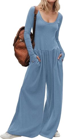 Women's Wide Leg Jumpsuit One Piece Romper Long Sleeve Dressy Casual Effortless Pockets Chic Fall Spring Outfits 2025 in Saudi Arabia