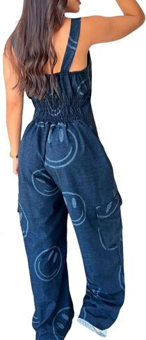utcoco Womens Denim Jumpsuit Sleeveless Print Overalls Back Smocked High Waist Straight Leg One Piece with Pockets in Saudi Arabia