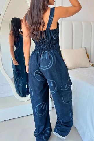 utcoco Womens Denim Jumpsuit Sleeveless Print Overalls Back Smocked High Waist Straight Leg One Piece with Pockets in Saudi Arabia