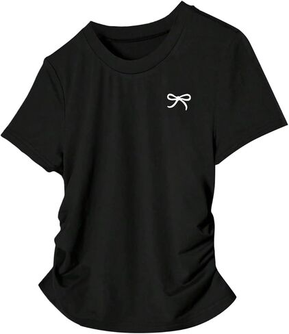 SHENHE Girl's Cute Bow Shirt Graphic Crew Neck Ruched Fitted Short Sleeve Crop Tee Top in Saudi Arabia