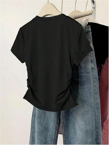 SHENHE Girl's Cute Bow Shirt Graphic Crew Neck Ruched Fitted Short Sleeve Crop Tee Top in Saudi Arabia