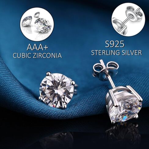 925 Sterling Silver Stud Earrings for Unisex, Stud Earring with 5A+ Cubic Zirconia Hypoallergenic Earrings for Women Men 4MM-8MM in Saudi Arabia