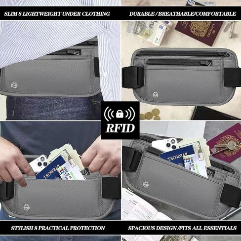 Gray Hidden Money Belt for Travel for Men, Waist Wallet Anti Theft, RFID Passport Holder For Travel Men Or Women, Money Pouch, RFID Passport Holder in Saudi Arabia