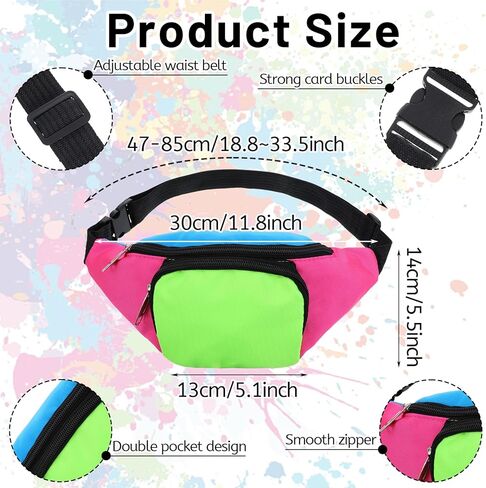 مجموعة فاني نيون راف فاني من الثمانينيات مع جوارب كومة ملونة، وحزم خصر بحزام ريترو للنساء والرجال، وإكسسوارات الثمانينيات بالإضافة إلى حقيبة حزام بحجم كبير للسفر والحفلات التنكرية والعطلات والحفلات in Kuwait